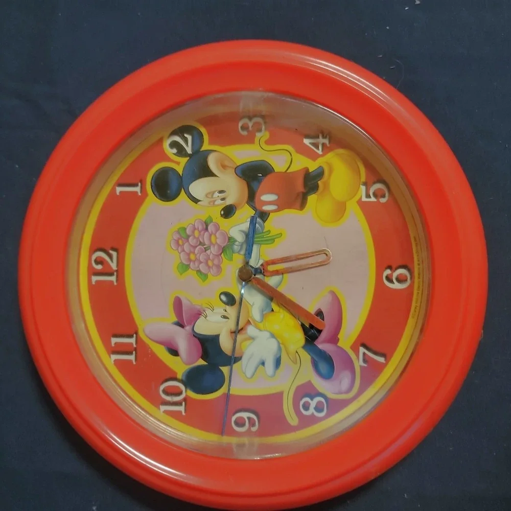 Disney Mickey Minnie Mouse Wall Clock Red Plastic Round Tested Working